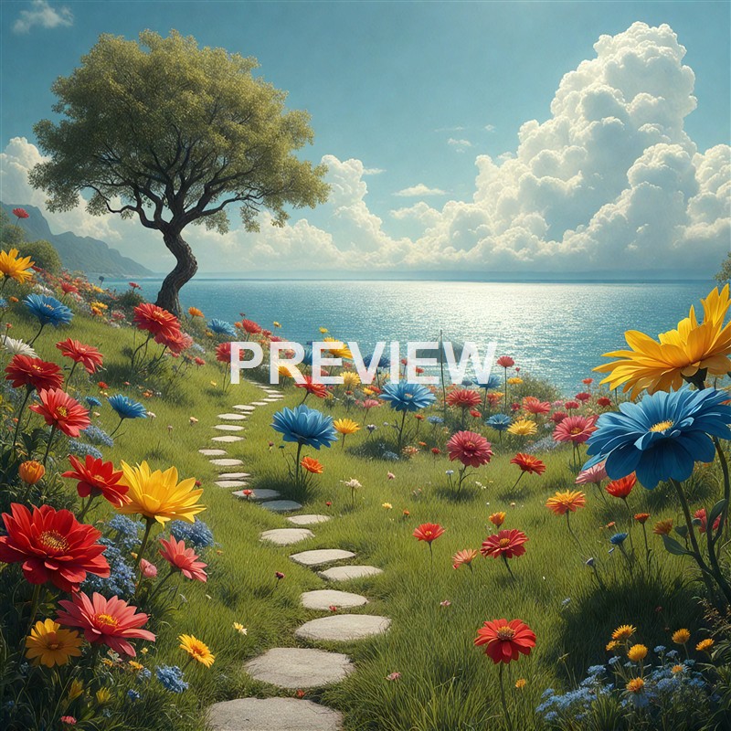 A vibrant, colorful landscape featuring a winding stone path through a lush green meadow filled with large, bright flowers, leading to a calm body of water under a sky with fluffy clouds and a single tree on the left side.
